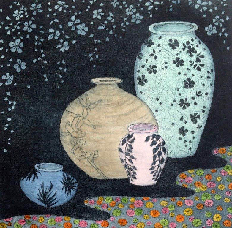 Sally Spens 'Spring into Summer' 2021 hand painted etching 53 x 53 cm framed