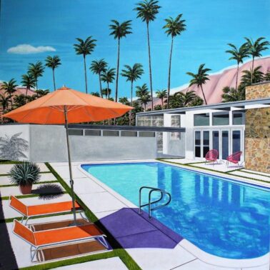 Karen Lynn, Orange Umbrella Blue Pool oil on canvas 2021 100 cm x 100 cm