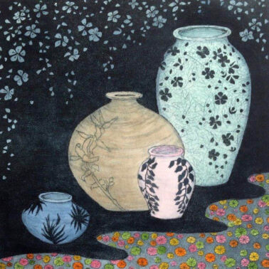 Sally Spens 'Spring into Summer' 2021 hand painted etching 53 x 53 cm framed
