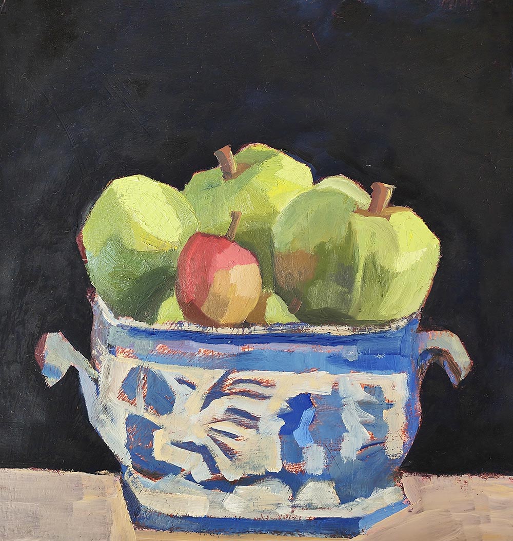 Bramley Apples in Willow Pattern. Oil on Panel 38 x 40 cm