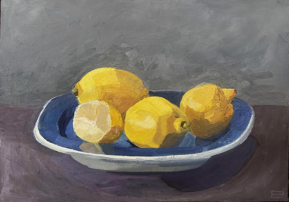 Lemons on a Blue Plate Oil on Panel 34 x 46 cm