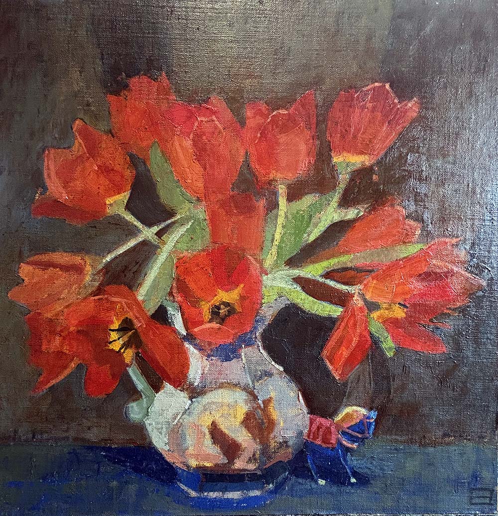 Tulips with a Little Blue Horse Oil on Linen, 40 x 40 cm